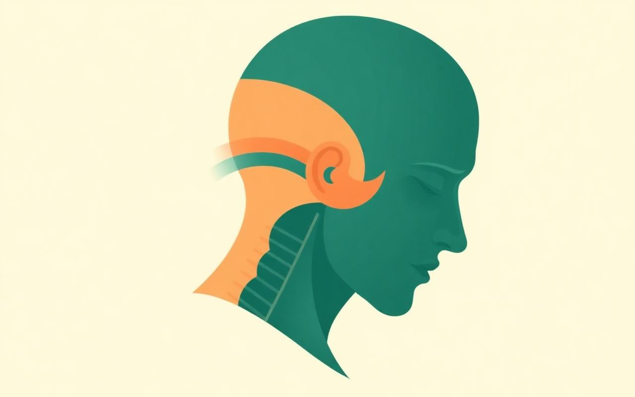 Side profile illustration of a human head showing tension patterns at the temple and base of skull