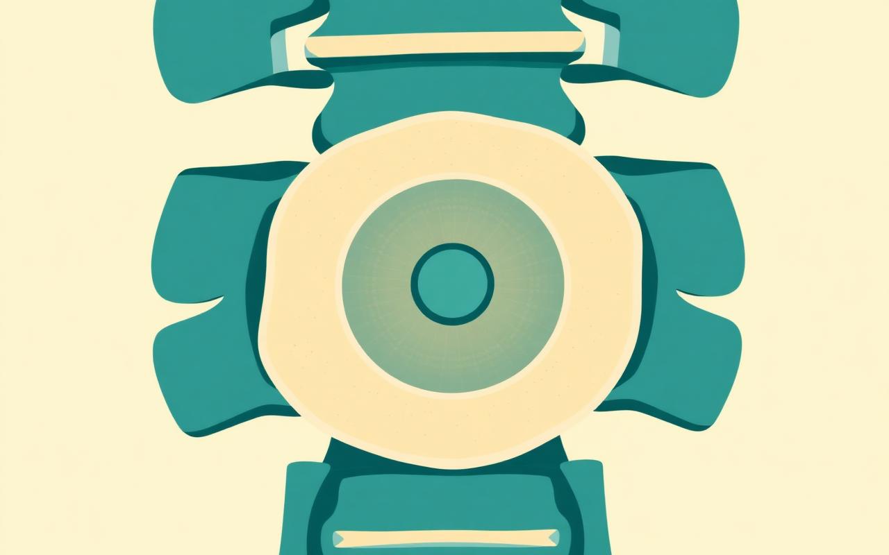 Cross-section illustration of a herniated intervertebral disc between two vertebrae