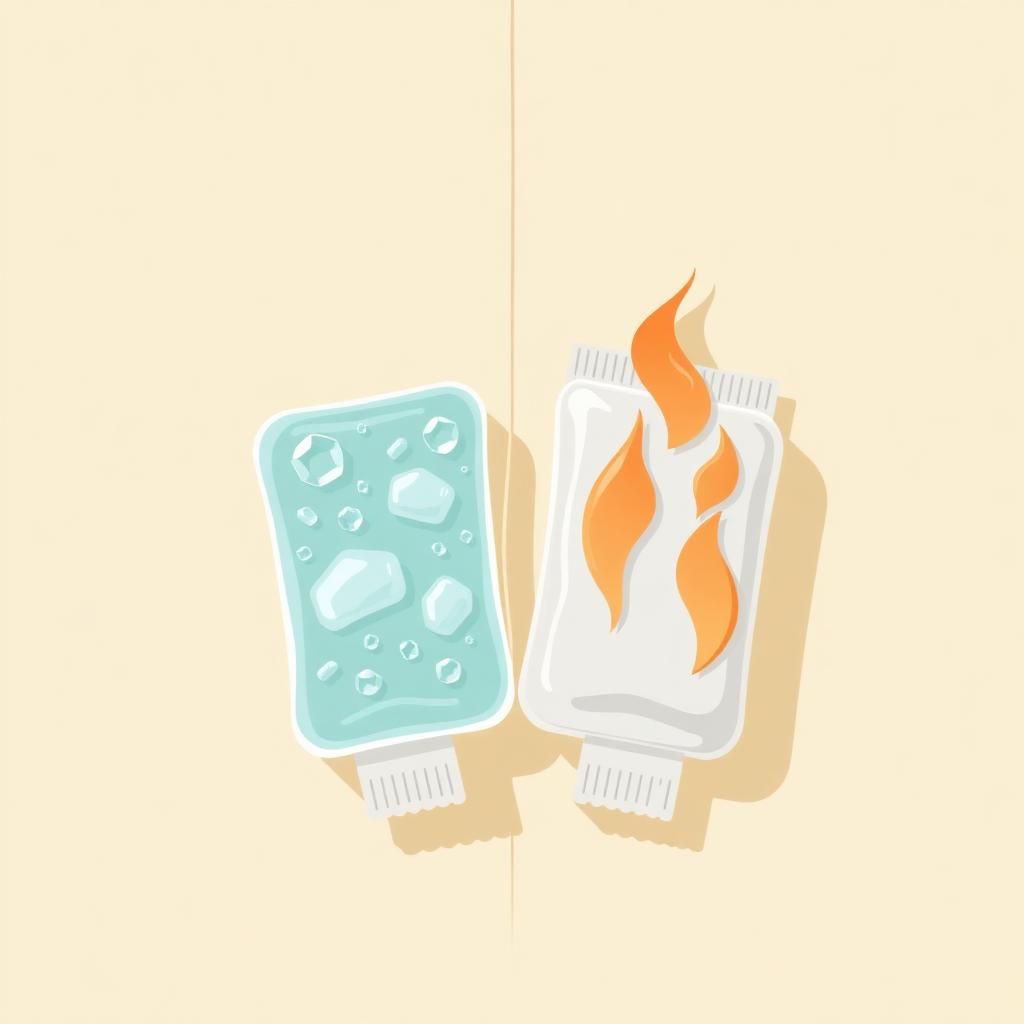 Illustration of an ice pack and a heat pack side by side on a warm background