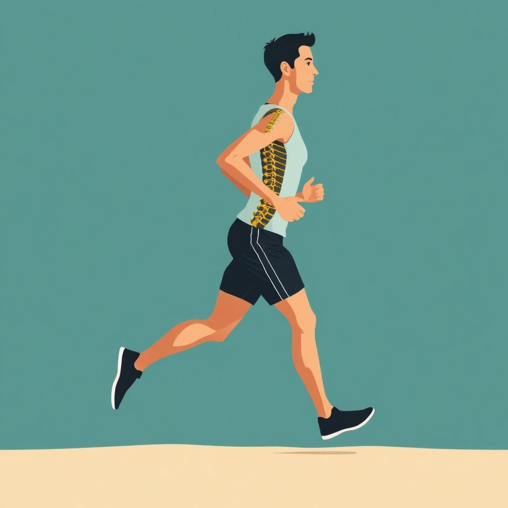 Side-view illustration of a runner mid-stride with the spine and posture highlighted