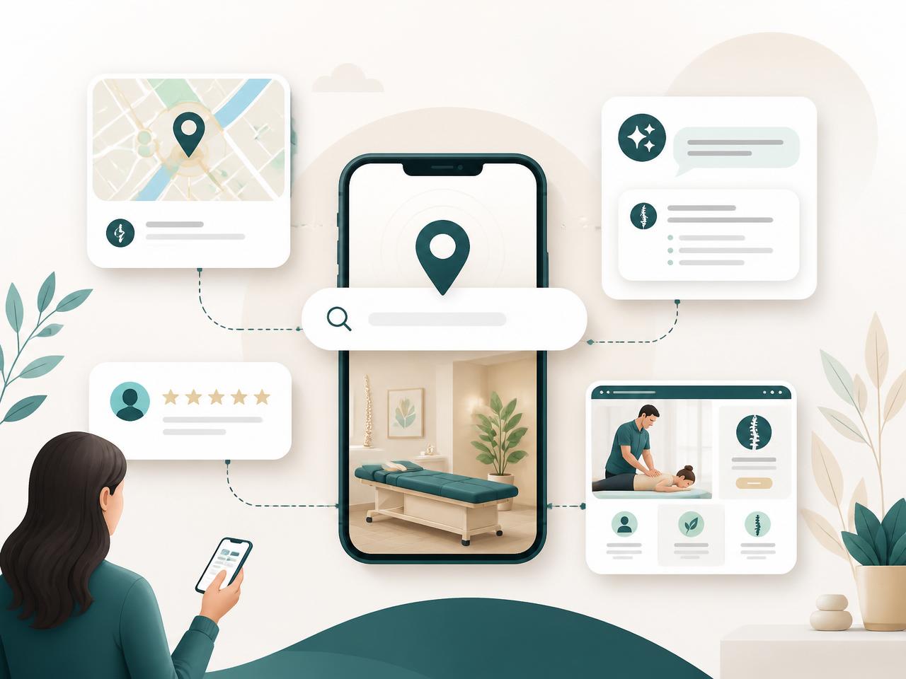 A patient discovering a chiropractic clinic through AI search, maps, reviews and its website