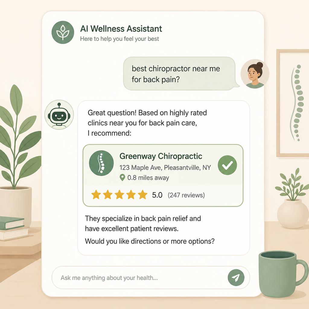 Example of an AI assistant naming and recommending a chiropractic clinic to a patient