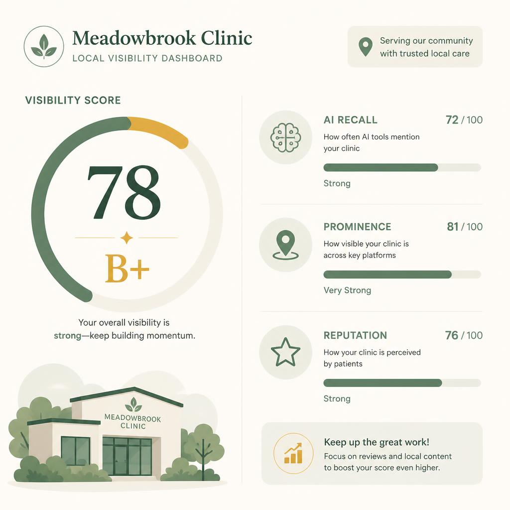 Sample clinic visibility dashboard showing an overall score with AI recall, prominence and reputation breakdowns